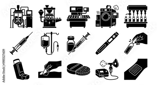 Pharmaceutical manufacturing icons set, medical production line equipment, 15 black vector symbols for drug development and healthcare industry