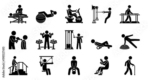 Physical therapy and rehabilitation icons set, 15 physiotherapy stick figures, medical recovery and exercise equipment vector illustrations