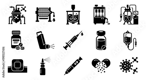 Pharmaceutical manufacturing icons set, medical laboratory equipment and drug production symbols, 15 black vector icons for healthcare industry