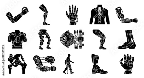 Bionic prosthesis and exoskeleton icons set, 15 robotic limb and artificial body part vectors, futuristic cybernetic implants for medical and military use