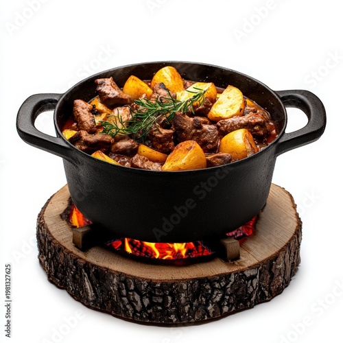 Hearty beef and potato stew simme in a black cast iron pot on a wood fire stove with glowing embers, fresh herbs, rustic cooking, comfort meal, home cooking