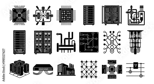 Quantum computing and data center icons, 18 black vector elements, server racks and microchip hardware, supercomputer technology symbols