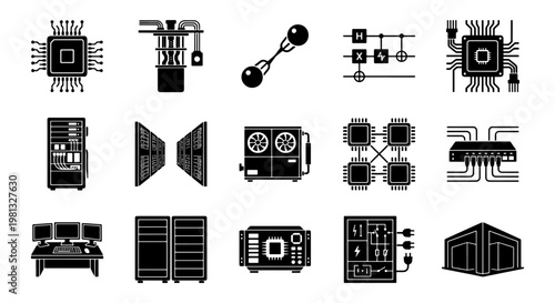 Quantum computing and supercomputer hardware icons, 15 black vector elements, data center server racks and microprocessor technology symbols