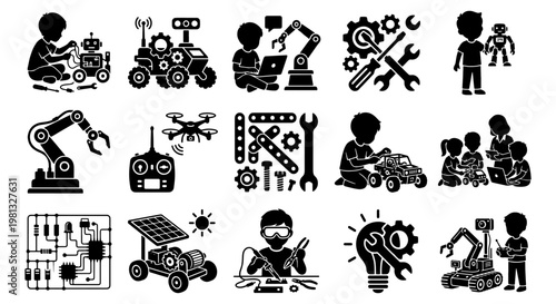 Robotics and STEM education icons, 15 black silhouette vector elements, children building robots and coding, engineering and technology workshop set