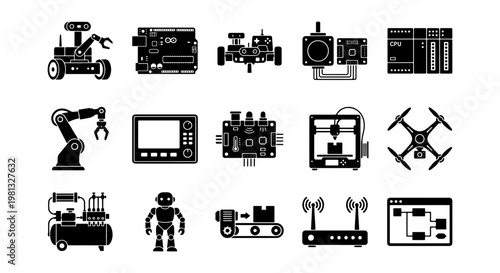 Robotics and industrial automation icons set, 15 black vector elements for engineering and manufacturing, robotic arm and drone symbols