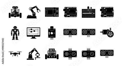 Robotics and electronics engineering icons set, 18 black silhouette vector elements, industrial robotic arms and circuit boards for automation