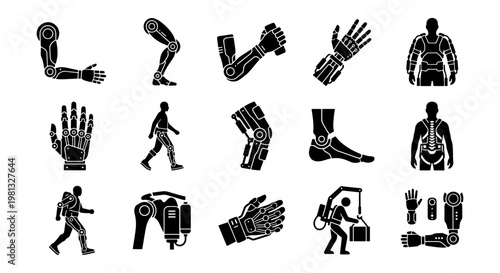 Exoskeleton and bionic limb icons, set of 15 robotic prosthesis vector elements, futuristic mechanical body parts and wearable technology silhouettes