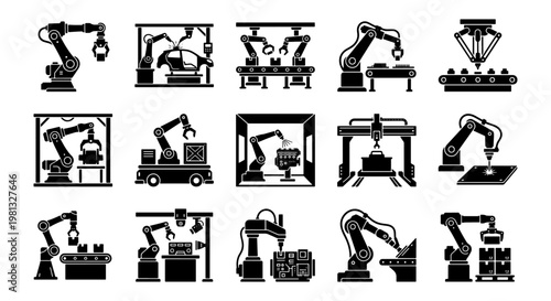 Industrial robotic arm icons set, 15 factory automation vector elements, black silhouette manufacturing robots for assembly line and smart industry