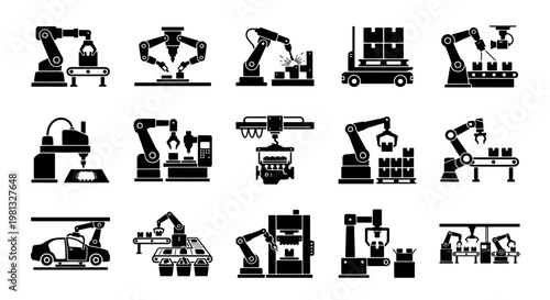 Industrial robotic arm icons set, 15 factory automation vector elements, automated assembly line and manufacturing process symbols for smart industry