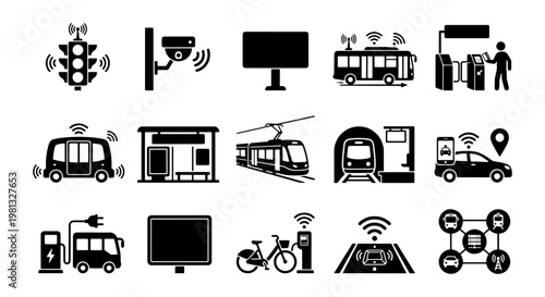 Smart city transportation icons set, 15 black vector elements for urban mobility, autonomous vehicle and public transit infrastructure symbols