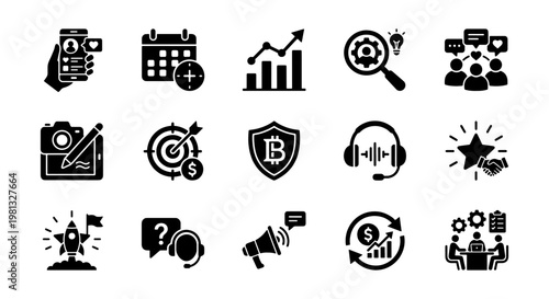Modern business icons set, 15 black solid vector elements for marketing and finance, professional corporate management and digital strategy icons