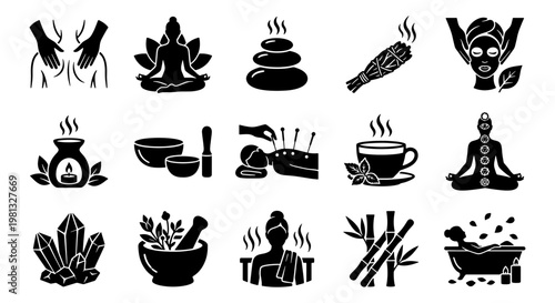 Wellness and spa icon set, 15 black glyph vectors for holistic health, meditation and massage therapy symbols, zen beauty and relaxation elements