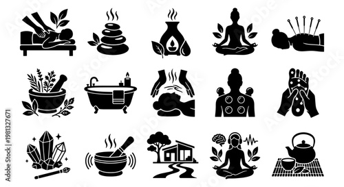 Spa and wellness icon set with 15 black glyph vectors, holistic massage and meditation symbols, alternative therapy and zen relaxation elements