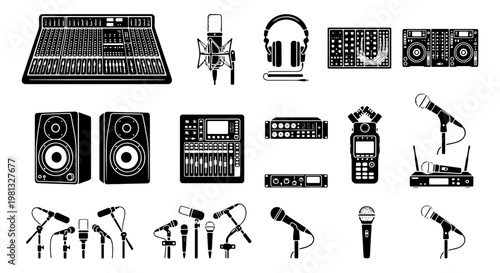 Professional audio equipment icons set, music studio recording gear silhouettes, 18 vector elements for podcasting and sound engineering