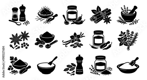 Culinary spices and herbs icon set, 15 black vector silhouettes of seasoning jars and condiments, organic cooking ingredients for kitchen menu design