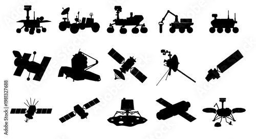 Space exploration vector icons set, 15 black silhouettes of mars rovers and orbital satellites, lunar landers and robotic spacecraft equipment