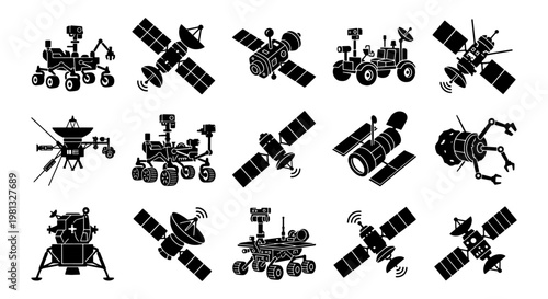 Space exploration icons set, 15 black vector silhouettes of mars rovers and satellites, lunar lander and orbital spacecraft equipment for science research