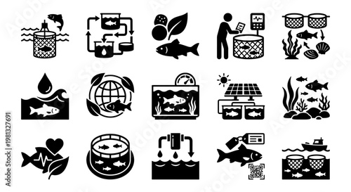 Aquaculture and fish farming icons set, sustainable seafood production symbols, 15 black vector glyphs for industrial fishery and marine ecology