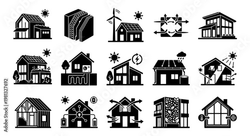 Sustainable energy efficient house icons, 15 green building technology vector elements, eco friendly home renovation and smart architecture set