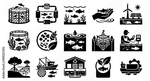 Sustainable aquaculture and fish farming icons, 15 black vector elements for commercial fishing industry, eco-friendly seafood production and marine biology