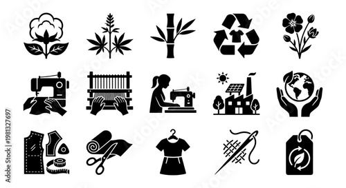 Sustainable textile industry icons, 15 black vector elements for eco-friendly fashion production, organic fabric and ethical garment manufacturing set