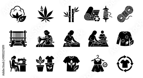 Sustainable textile production icons, 15 black glyph vectors for eco-friendly fashion, organic fabric manufacturing and slow fashion industry symbols