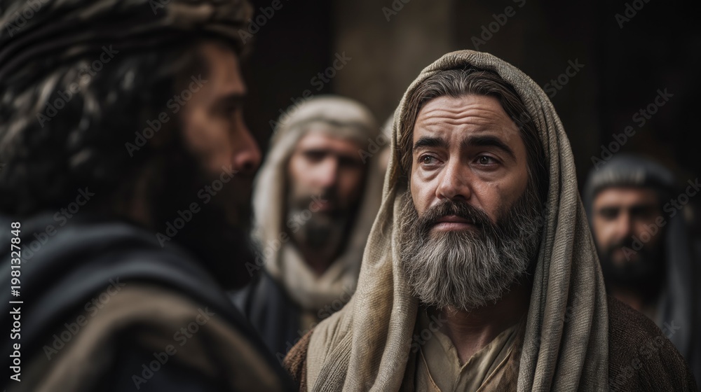 Fototapeta premium Ancient Gathering: A moment of profound dialogue captured from a historical scene, depicting men in traditional attire engaged in an intense conversation.