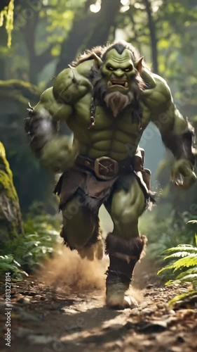 Fierce Orc Warrior Charging Through Lush Forest Path.