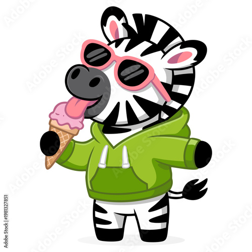 cute playful zebra character, licking ice cream, wearing a bright green hoodie and pink sunglasses, happy and joyful expression, fun and energetic pose, bold black and white stripes