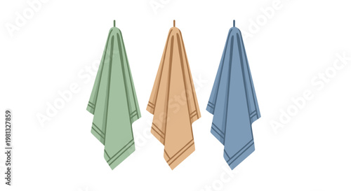 Three soft textured hanging hand towels in sage green, sandy beige, and dusty blue colors are displayed neatly against a pristine white background with neutral tones.