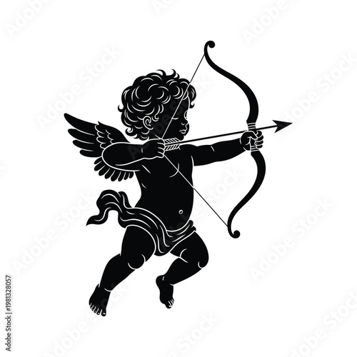 Cupid angel aiming bow and arrow vector illustration, love symbol.