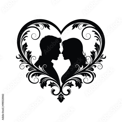 Couple in love silhouette vector illustration inside decorative floral heart frame on white.