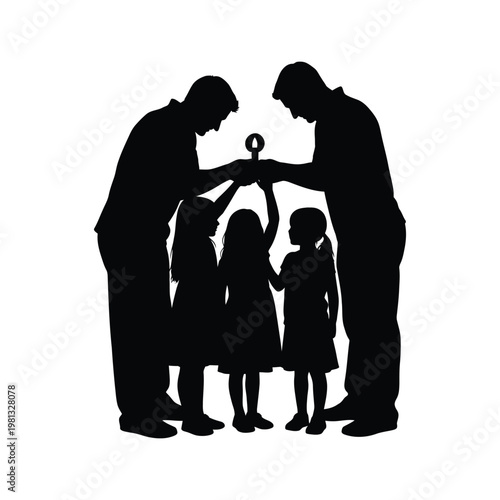 Family two fathers and three daughters holding candle vector illustration.
