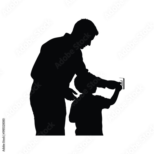 Father teaching son to turn on light switch vector illustration isolated silhouette.