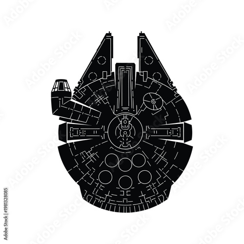 Futuristic spaceship vector illustration, sci-fi spacecraft graphic, cosmic journey concept.