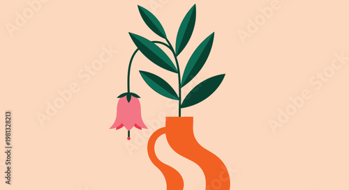 A minimalist illustration depicts a pink flower in an orange vase against a soft peach background