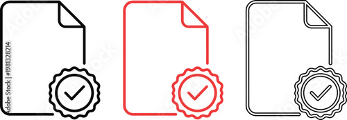 Three stylized document with checkmarks and seals, black and red outlines badge approval