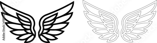 Black and white outline of stylized angel wings, solid fill wings silhouette
