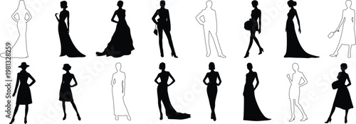 Collection of black and white female fashion silhouettes in various poses woman dress