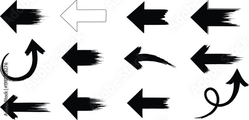 Collection of black arrows with brush stroke texture and outline arrow direction left right
