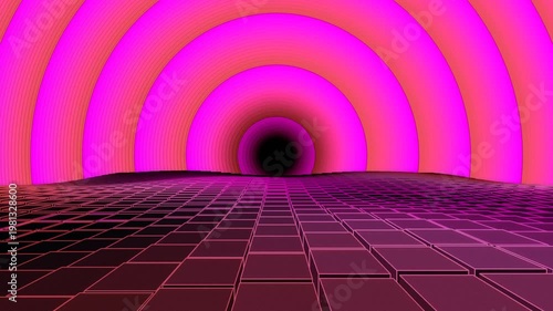 Background: 3D Neon Cube Corridor with circular patterns in pink and red, videotrons, advertising, gaming, virtual environments, music, digital billboards, virtual reality, live events, meeting
