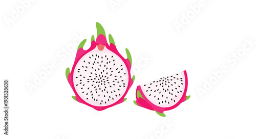 A vibrant pink dragon fruit is shown in a full circular cross-section alongside a small triangular wedge revealing the speckled white flesh and seeds.