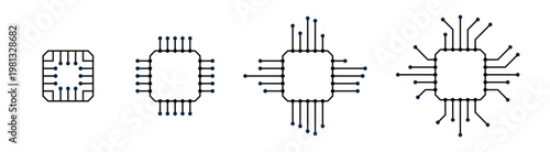 Futuristic microchip icon set for AI computing, featuring processor and integrated circuit symbols for digital products, dashboards, presentations, and technology branding vector use.