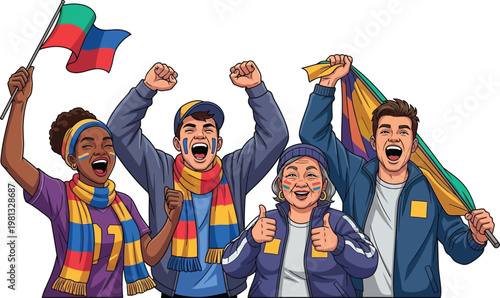 Fans celebrate a major sporting victory with enthusiastic cheers while waving colorful national flags.