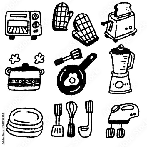 Hand drawn kitchen equipment vector icon set, black doodle collection with oven, mitts, toaster, pot, frying pan, blender, plates, spatula, whisk, mixer and cooking utensils illustration