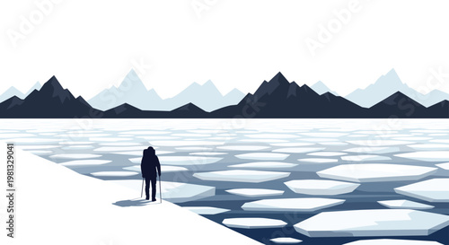 A solitary hiker equipped with trekking poles walks across a vast expanse of floating ice floes toward a dark and jagged mountain range in the distance.