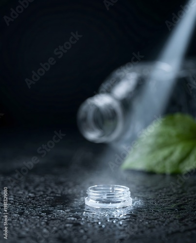 Sustainable Recycling Concept with Plastic Bottle and Cap Under Dramatic Spotlight on Wet Surface