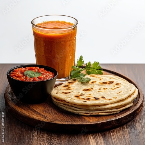 Traditional Indian breakfast meal with spicy tomato chutney and butter naan bread served on a wooden tray with coriander garnish and a tall glass of mango lassi on a white background