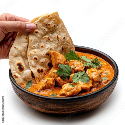 Hand holding traditional Indian flatbread called chapati or roti over a bowl of rich and spicy chicken curry garnished with fresh cilantro, isolated on white background