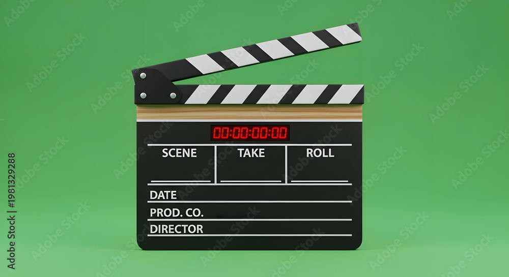 Naklejka premium Wooden film slate with white stripes on a green chroma key background, representing behind-the-scenes movie production, directing, and creative video editing